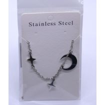 Moon and Stars Stainless Steel Necklace Silver Tone